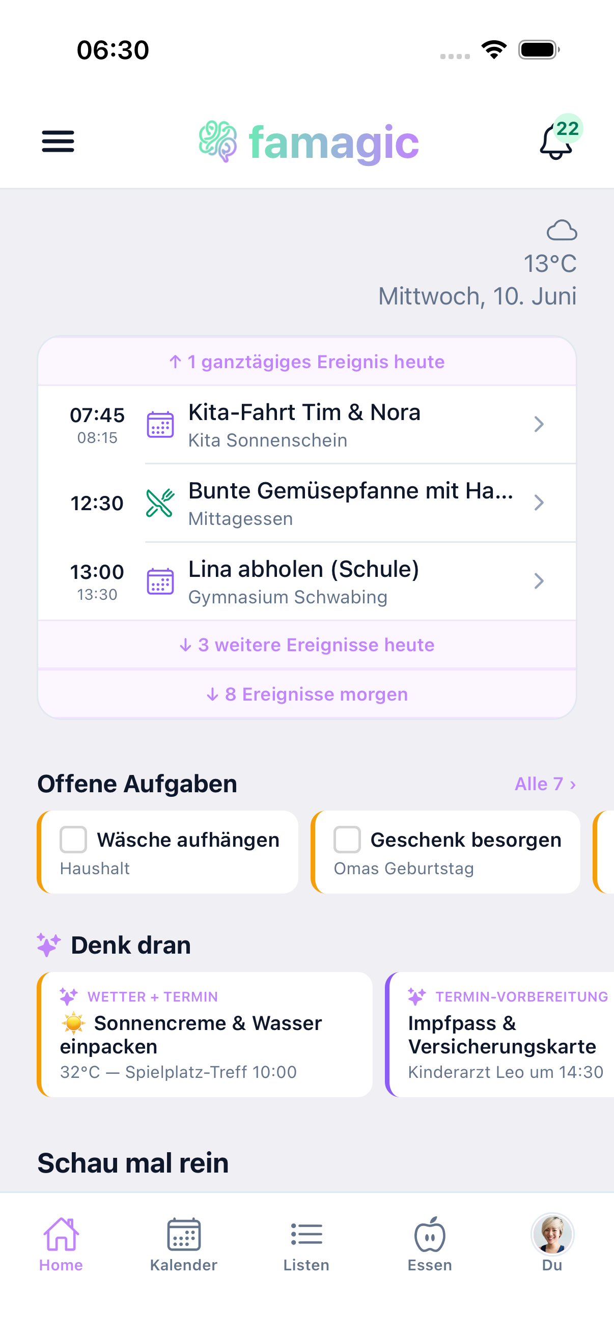 famagic home screen, Hi Anna, appointments and tasks at a glance
