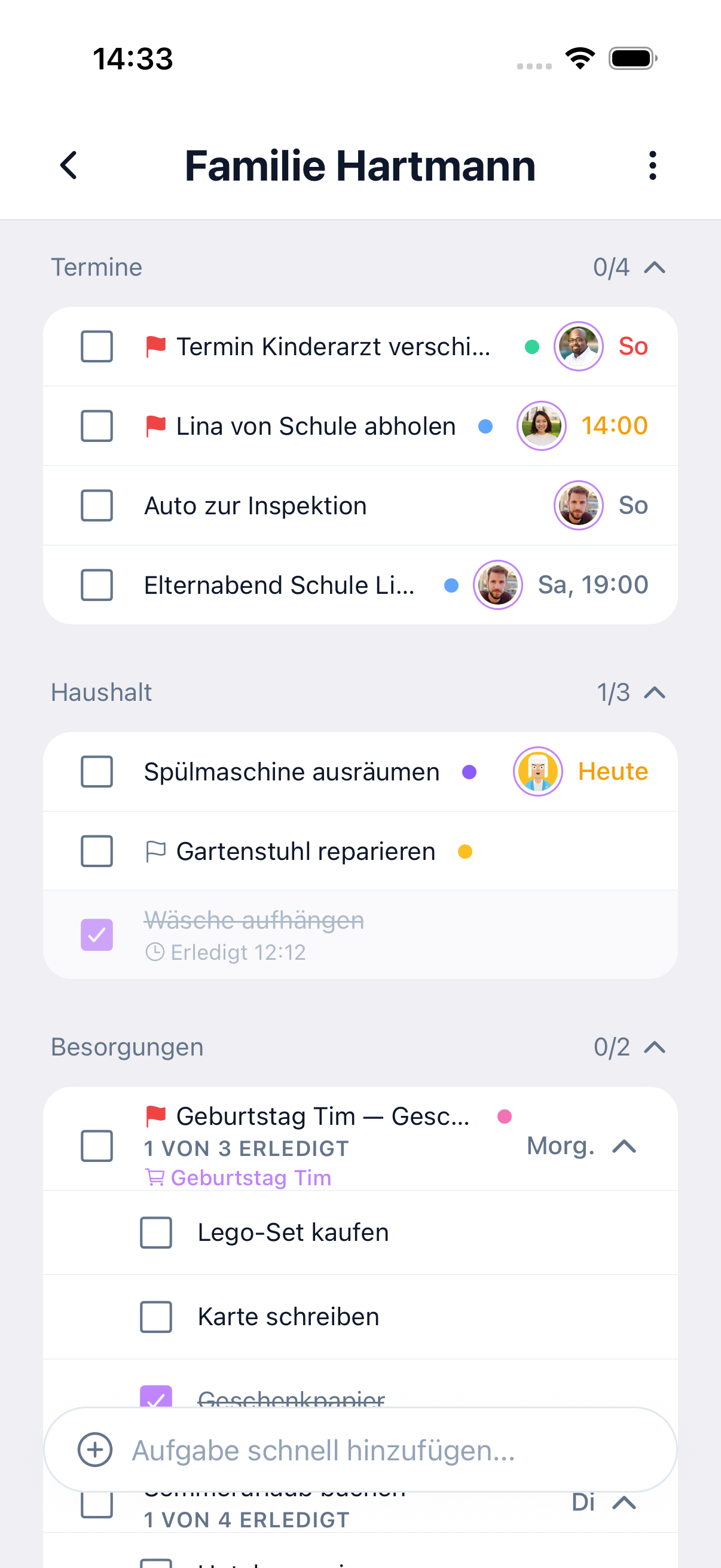Family list with task clusters