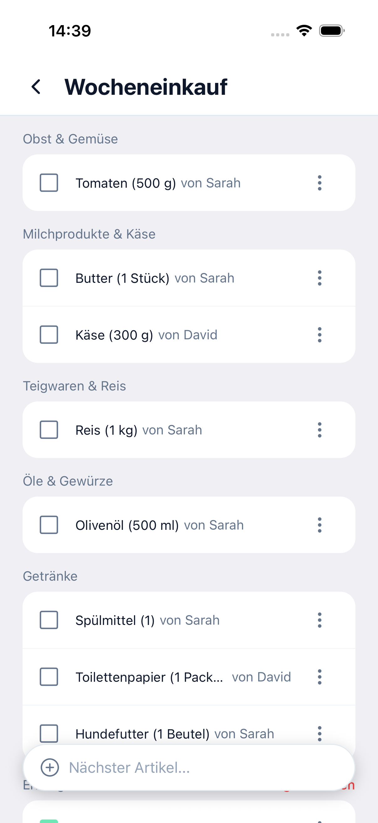 Weekly groceries sorted by category