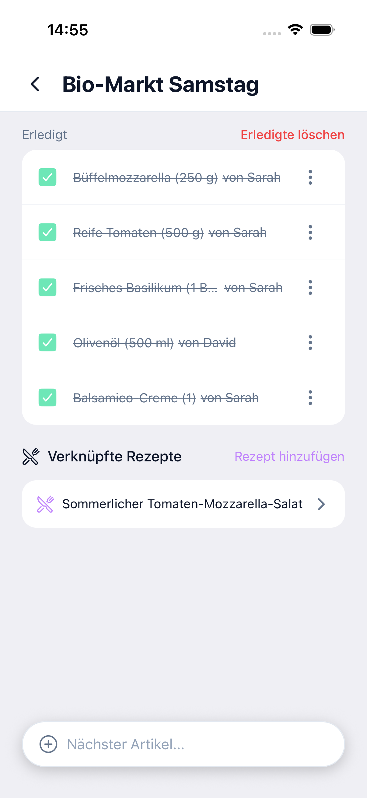 Shopping list with a linked recipe