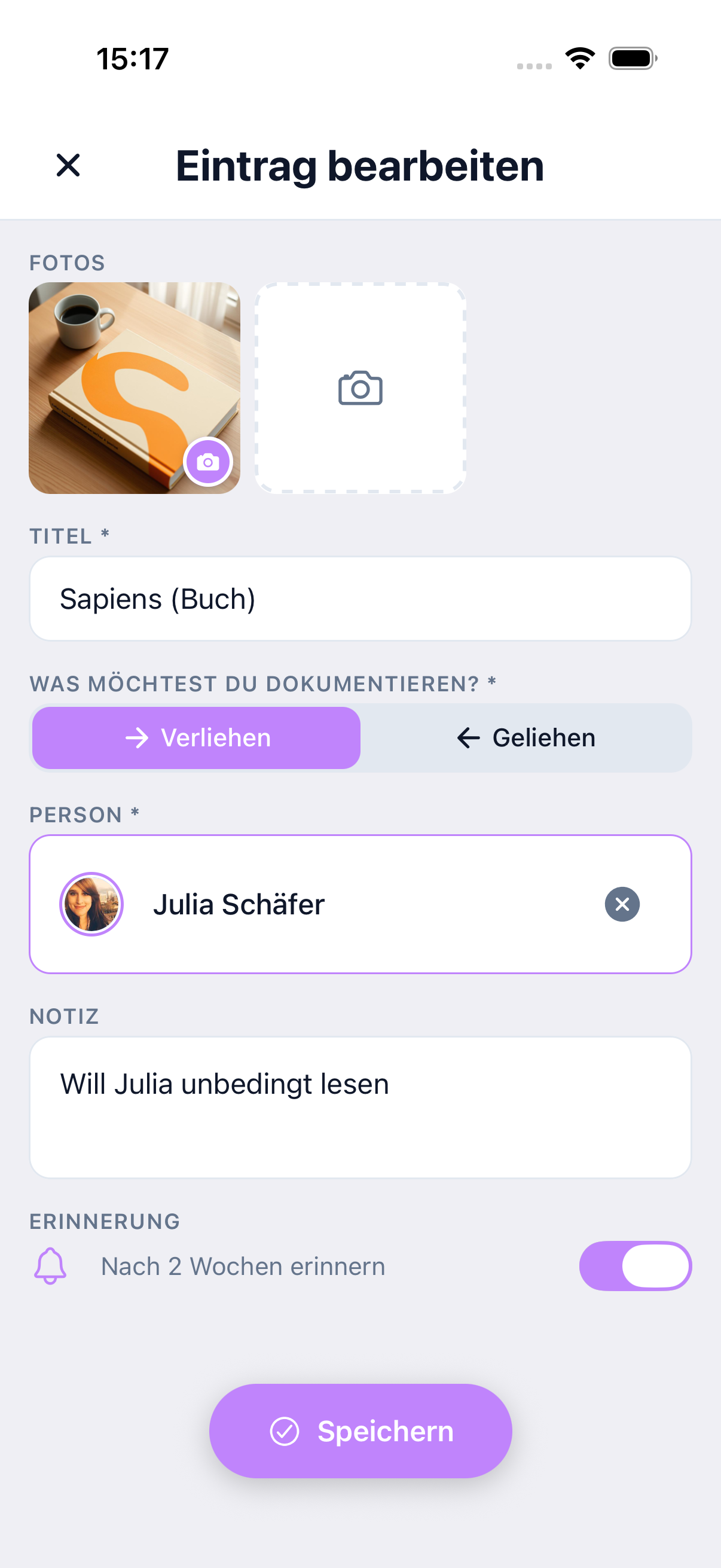 Create a new lending entry — photo, title, person, and note